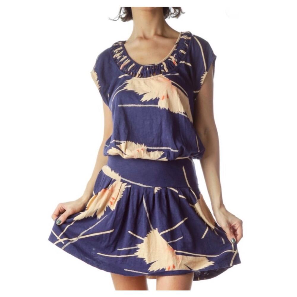 Anthropologie Leifnotes Navy and Peach Floral Print Modal Blend Day Dress S